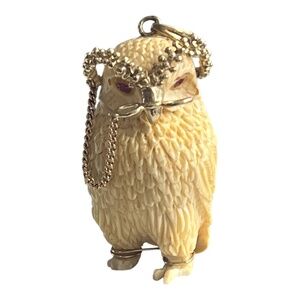 Vintage Carved Cow Bone Owl and 14K Gold Large Owl Statement Pendant